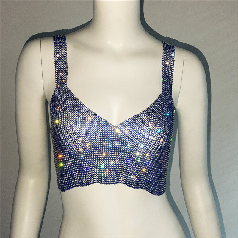 Deep V Rhinestone Metal Camisole Split Short Top