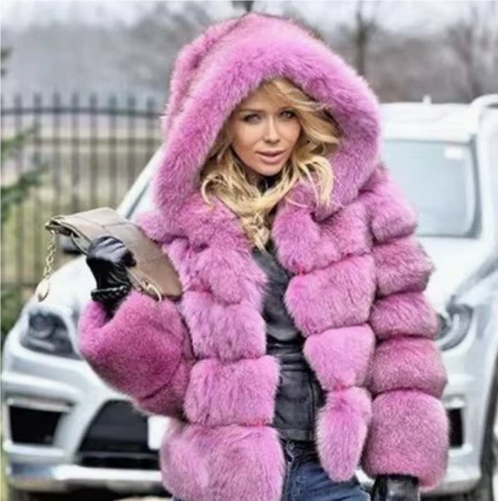 Women's Minimalist Hooded Patchwork Fur Grass Jacket