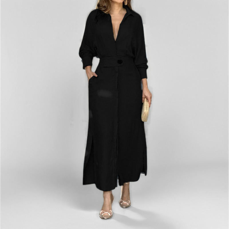 Women's Elegant Tied Solid Color Waisted Long-sleeved Shirt Dress