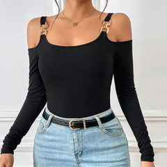 Women's Spring And Summer Fashion Simple Suspender Off-Shoulder Metal Hook Long-Sleeved Top