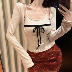 Women's Long-sleeved Top Bow Suspenders Vest Bottoming Shirt