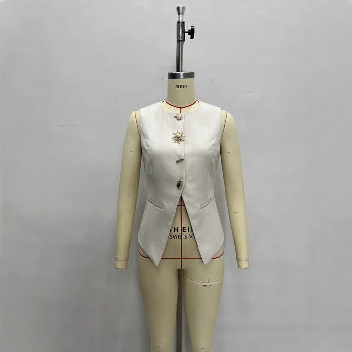 Womens European And American-style Decorative Button Solid-color Sleeveless Jacket