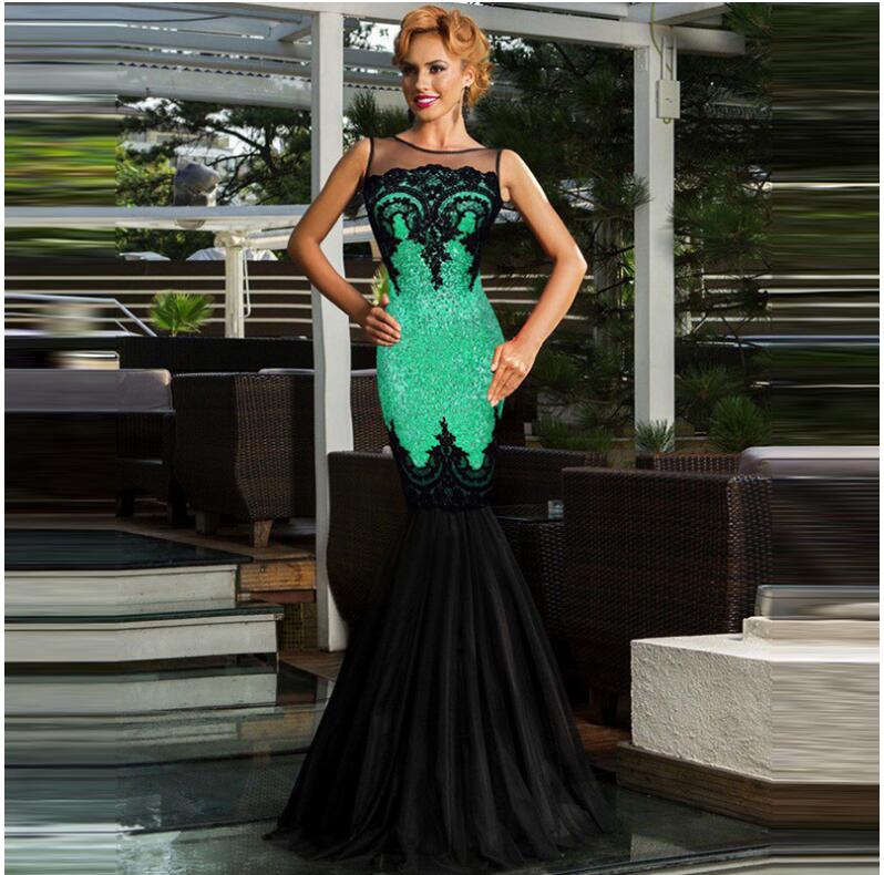 Europe and America long skirt sleeveless sequin mesh stitching banquet evening dress dew backpack hip fishtail mopping dress
