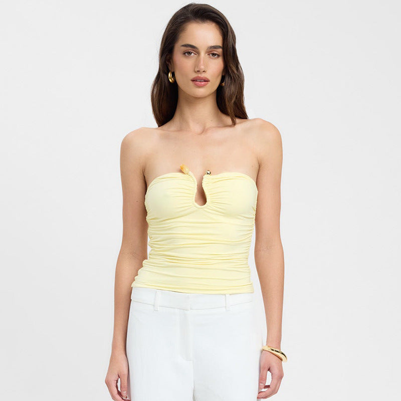 Solid Color Chest-wrapped Backless Pleated Agate T-shirt