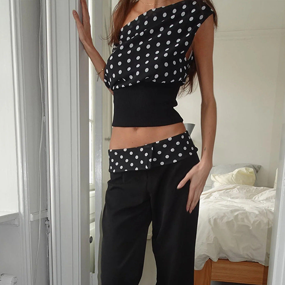 Polka Dots Print Oblique Shoulder Tops Summer Patchwork Chiffon Crop Top Women Sleeveless Lace Up Backless Blouse Casual Streetwear Tee