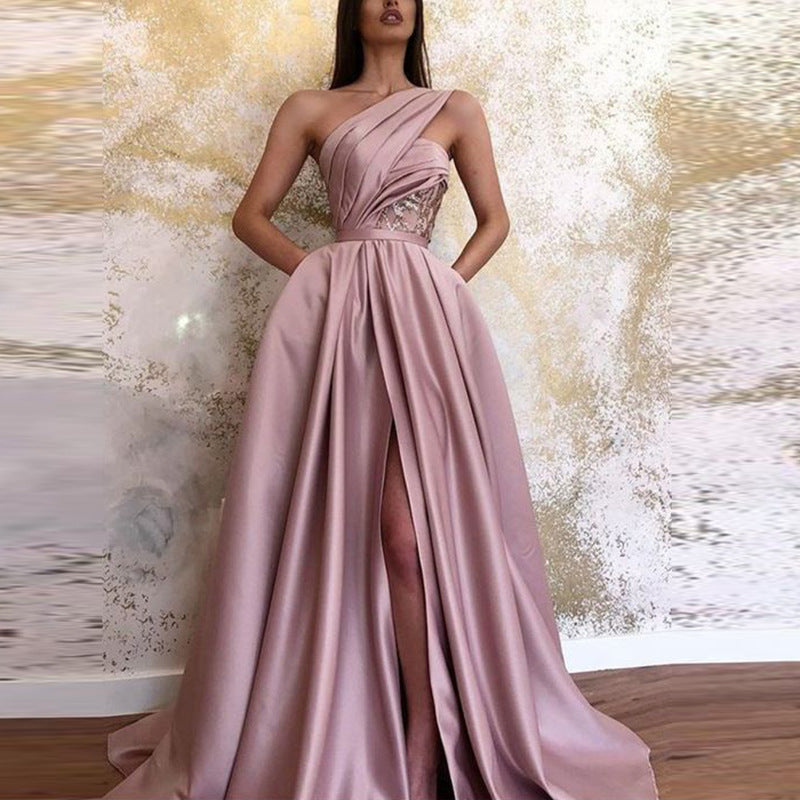 Slit Slanted Shoulder Dress Long Skirt Evening Dress