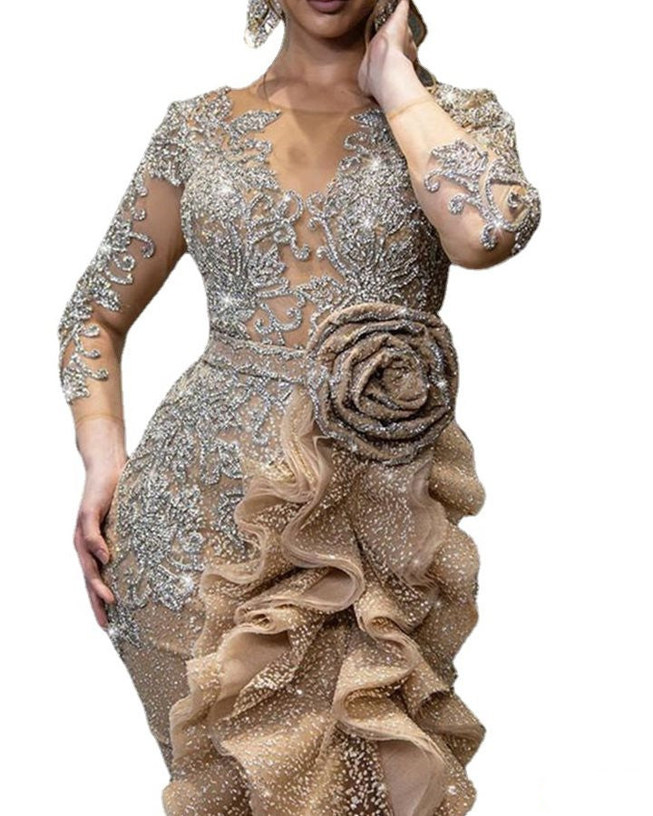 New Gold Sprinkle Trailing Party Dress For Ladies