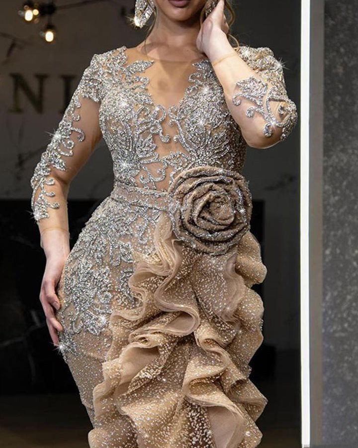 New Gold Sprinkle Trailing Party Dress For Ladies