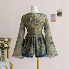Women's Ruffled Vintage Print Long-sleeve Top