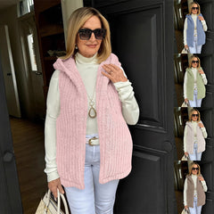 Women's Solid-Color Casual Fuzzy Hooded Vest Sleeveless Jacket