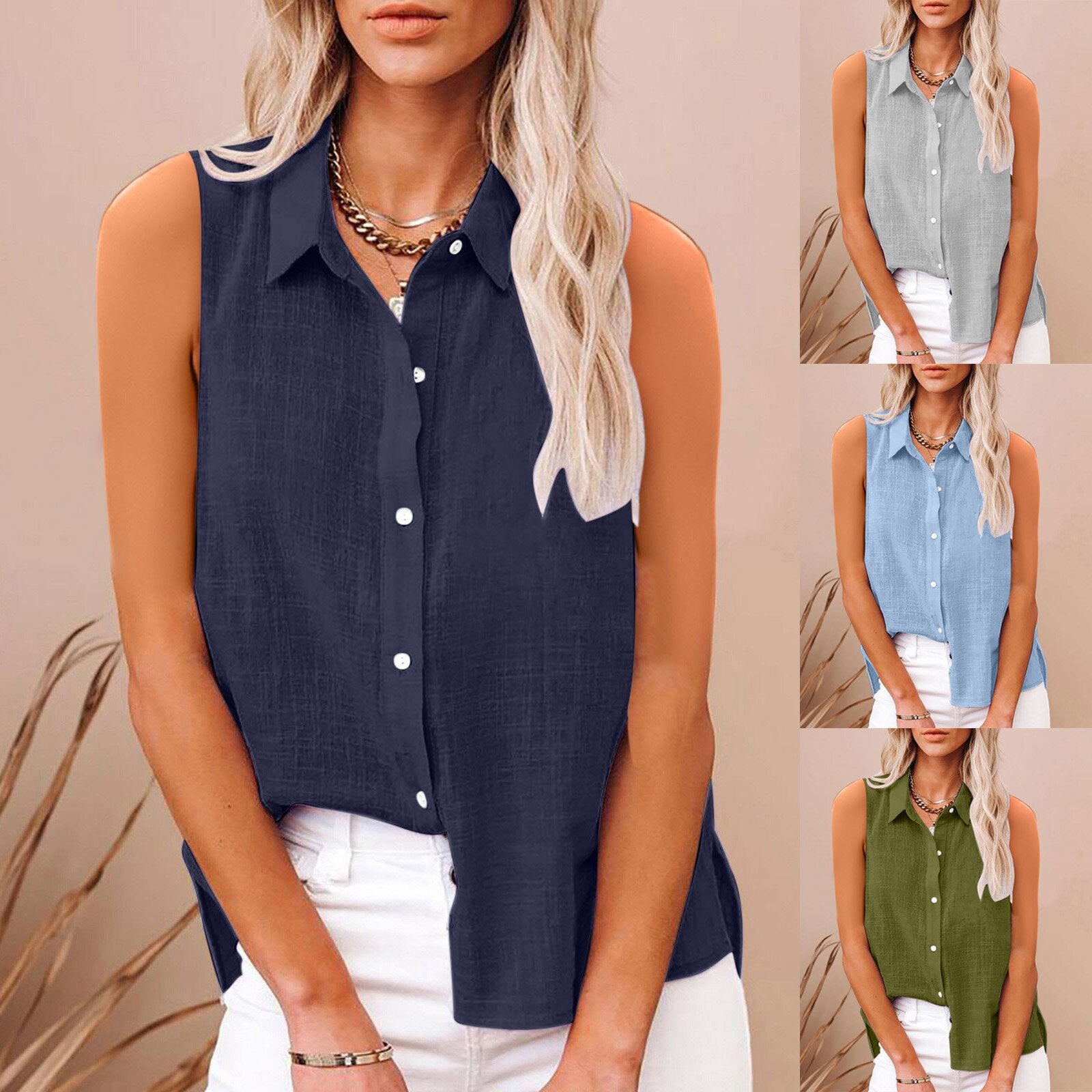 Cotton And Linen Buttoned Sleeveless Shirt Womens Clothing