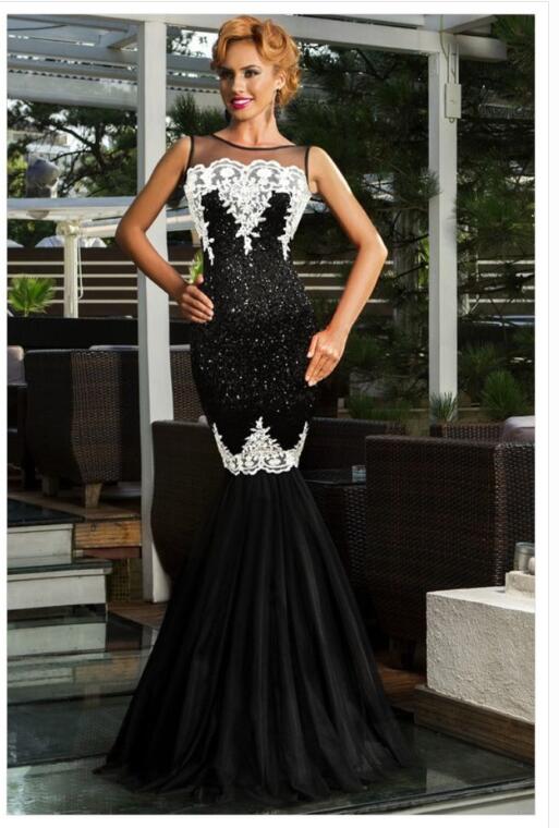 Europe and America long skirt sleeveless sequin mesh stitching banquet evening dress dew backpack hip fishtail mopping dress