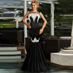 Europe and America long skirt sleeveless sequin mesh stitching banquet evening dress dew backpack hip fishtail mopping dress