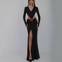 V-neck Backless Long Sleeves Skirt Waist Decorative Flower Split Fishtail Gown Dress Long