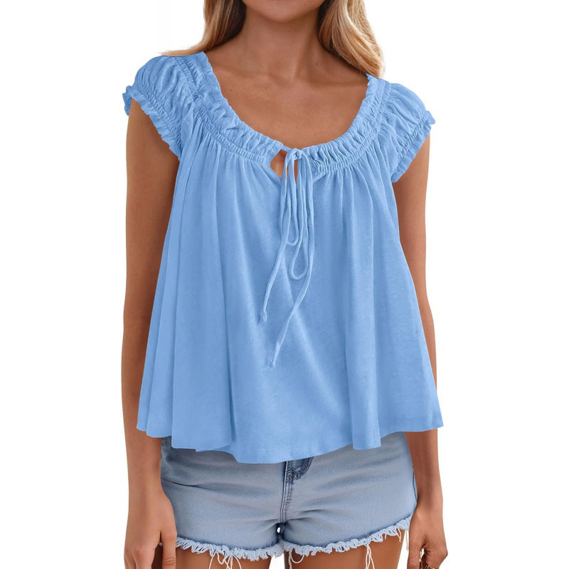 Lace-up Ruffle-Trimmed Shirt Summer New Style Fashionable Pleated Top