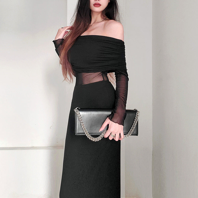 Women's Winter Off-the-shoulder Pleated Long Sleeve Polyester Dress