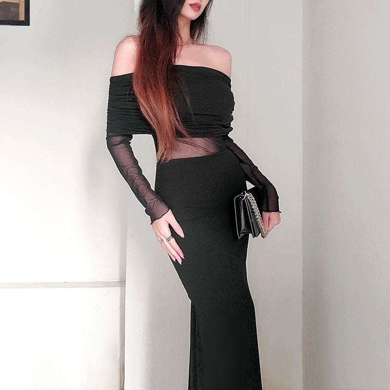 Women's Winter Off-the-shoulder Pleated Long Sleeve Polyester Dress