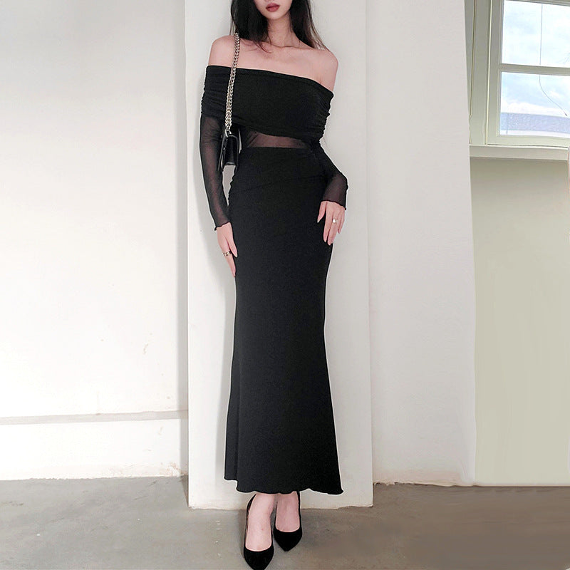 Women's Winter Off-the-shoulder Pleated Long Sleeve Polyester Dress