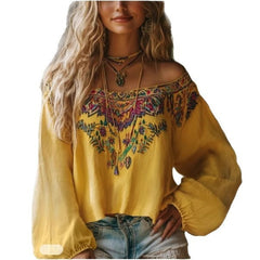 Retro Ethnic Style Long-Sleeve Off-Shoulder Basic Top