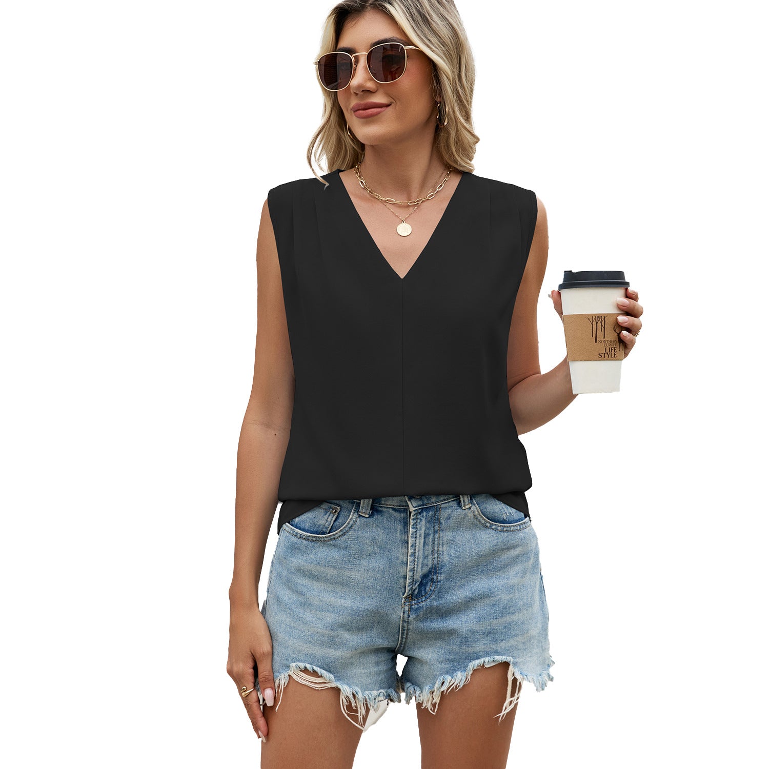 Solid-color Chiffon Blouse Loose-fit V-neck Ruffled Sleeveless Topvest