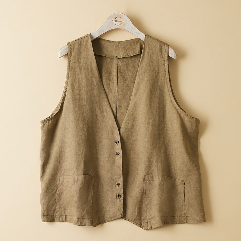 Artistic Relaxed-fit Solid-color Cotton-linen Sleeveless Vest
