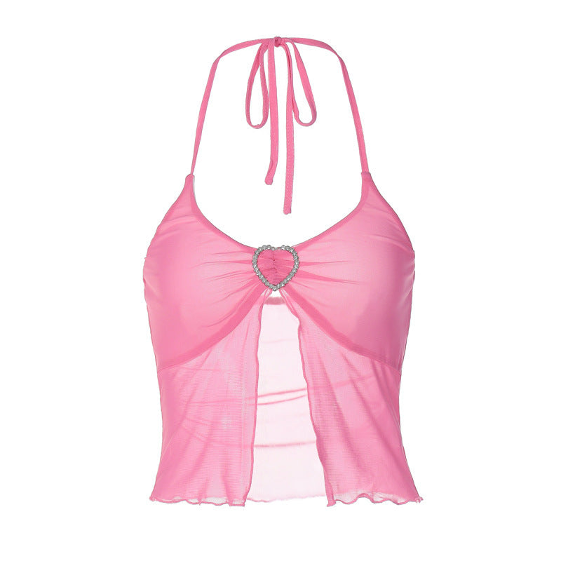 Hot Girl's Pink Mesh Stitching Chest-wrapped Halter Vest