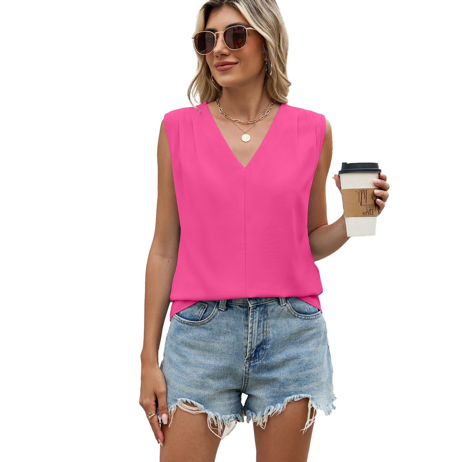 Solid-color Chiffon Blouse Loose-fit V-neck Ruffled Sleeveless Topvest