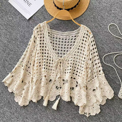 Summer Flared-Sleeve Pullover Blouse With Ties
