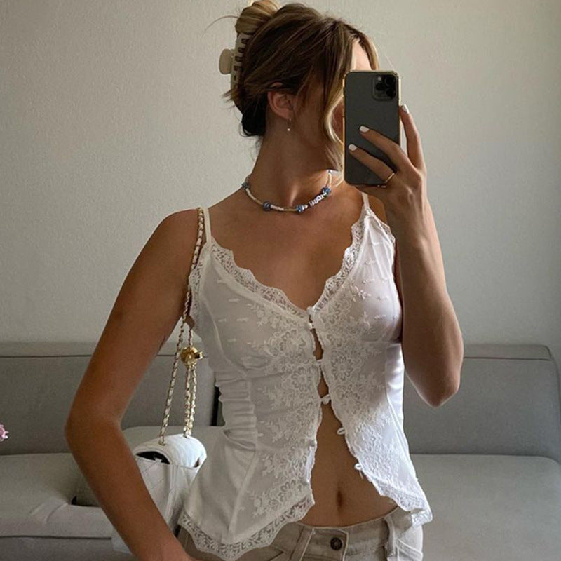 Women's American Style Hot Girl Style Lace Lace V-neck Cardigan Ties Buckle Camisole Small Tank Tops