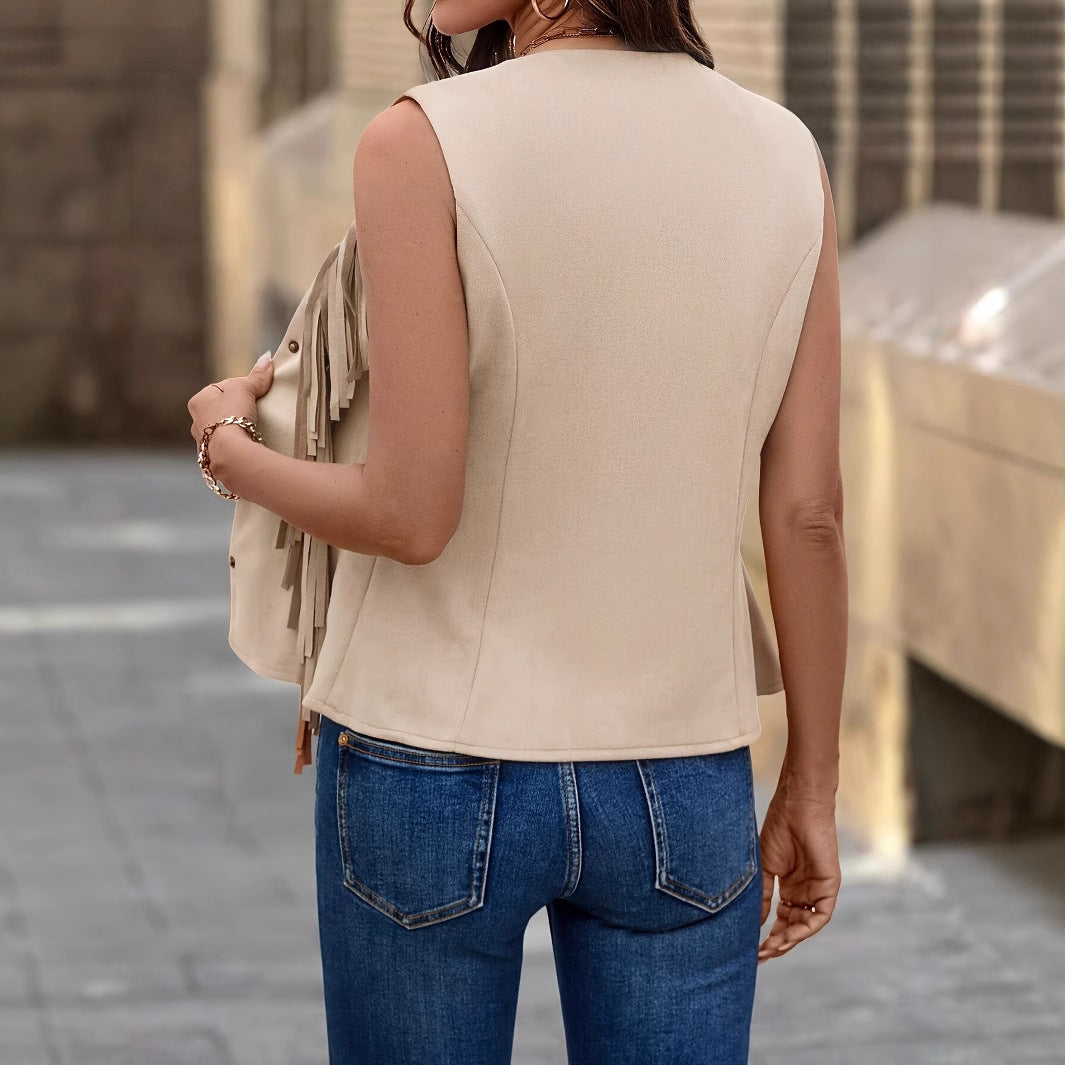 Fashionable Women's Solid Color Fringed Suede Vest