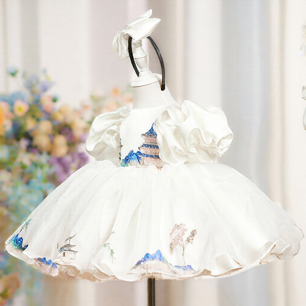 Childrens White Puff-sleeved Satin Ball Gown