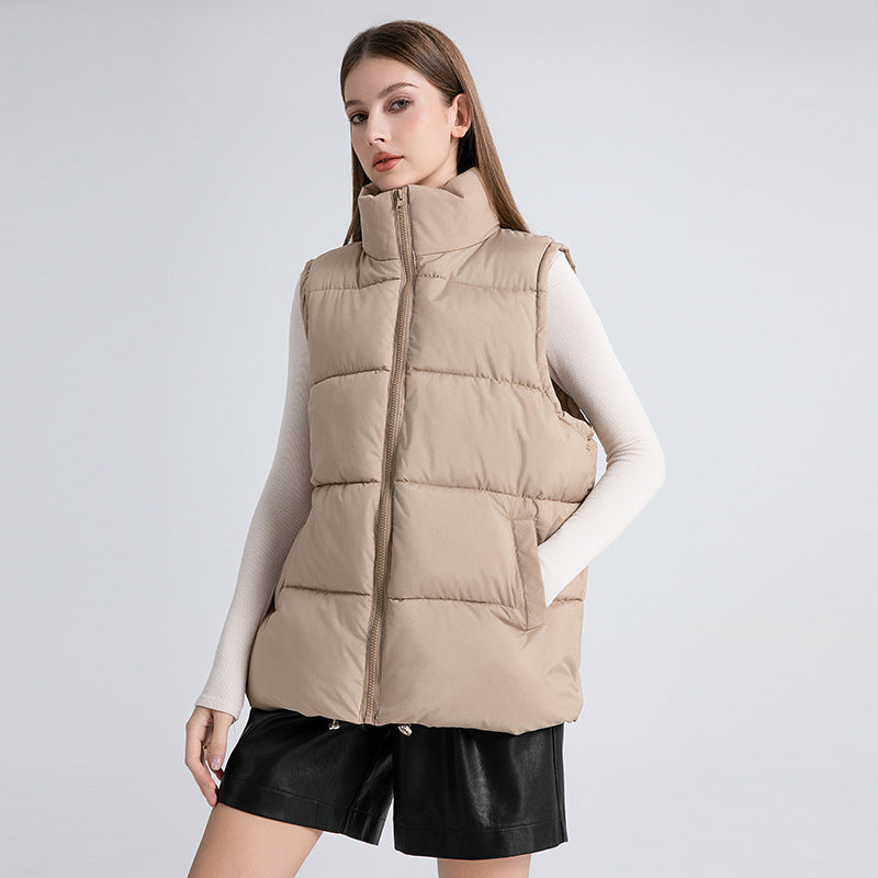 Women's Sleeveless Mid-length Stand-up Collar Thermal Down Cotton Thickened Vest