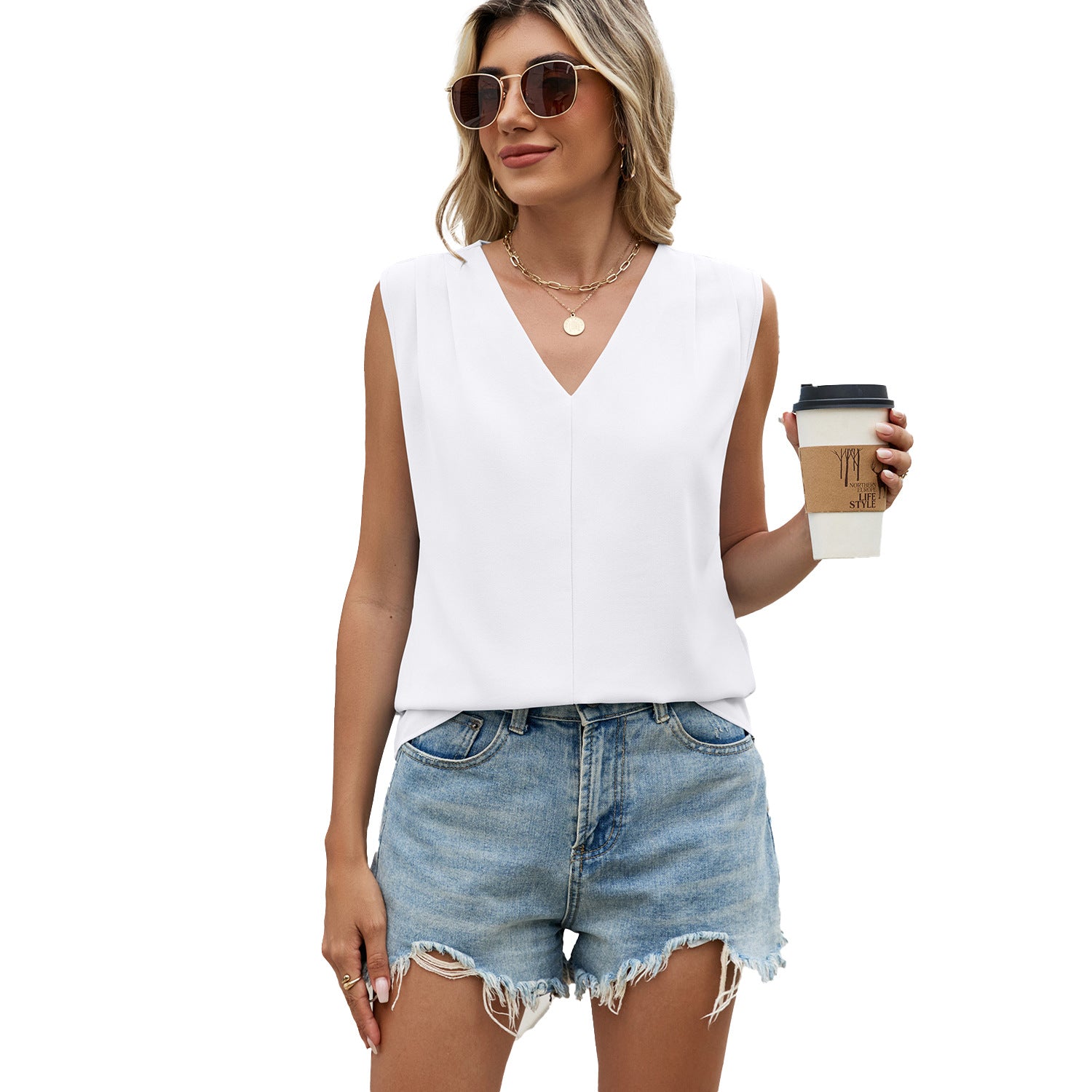 Solid-color Chiffon Blouse Loose-fit V-neck Ruffled Sleeveless Topvest