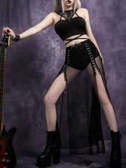 Women's Gothic Fishnet Patchwork Metal Buckle Sleeveless Top