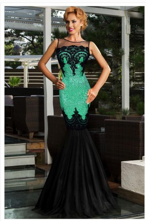 Europe and America long skirt sleeveless sequin mesh stitching banquet evening dress dew backpack hip fishtail mopping dress