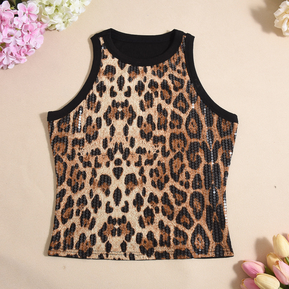 Cropped Sleeveless Sequin Leopard Print Vest