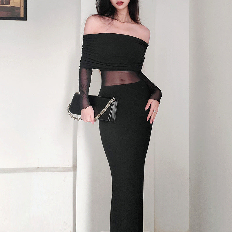 Women's Winter Off-the-shoulder Pleated Long Sleeve Polyester Dress