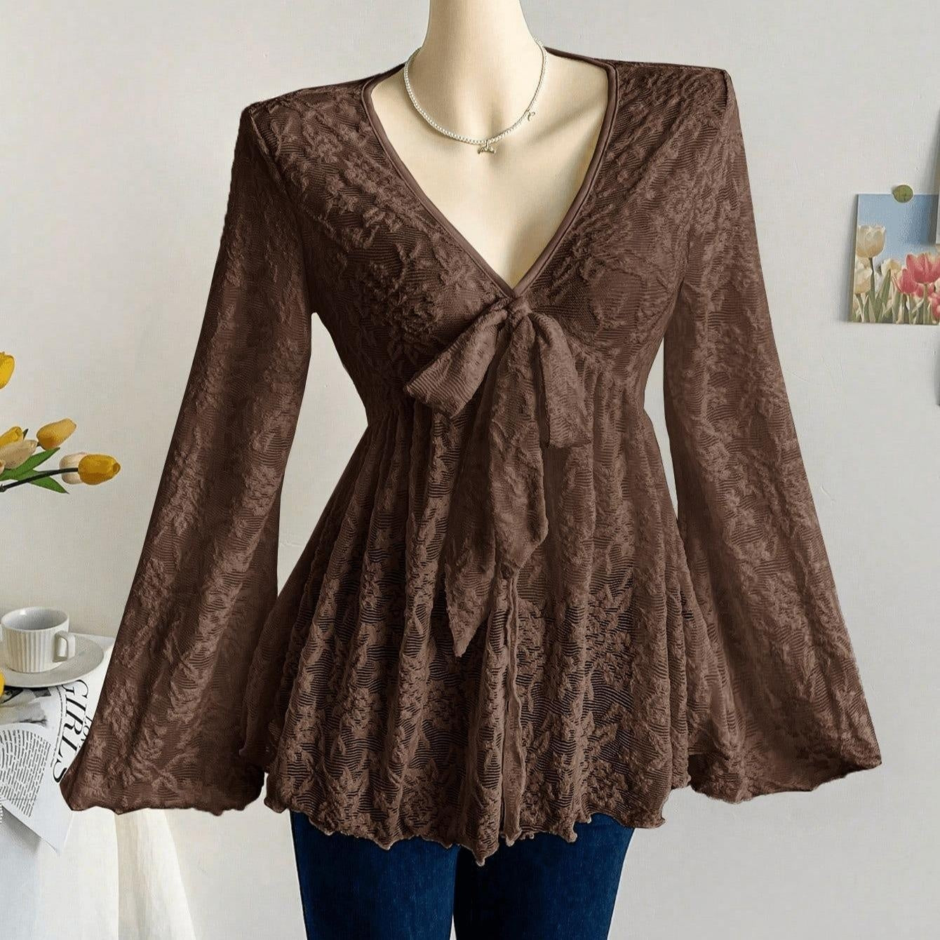 Women's Ruffled Vintage Print Long-sleeve Top