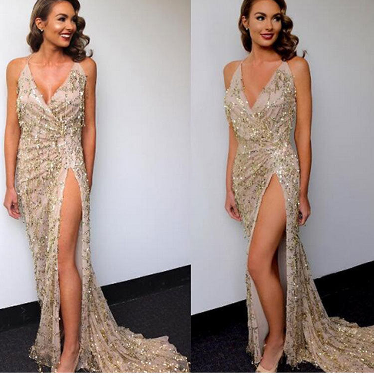 V-neck Halter Strap Sequin Dress