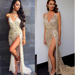 V-neck Halter Strap Sequin Dress