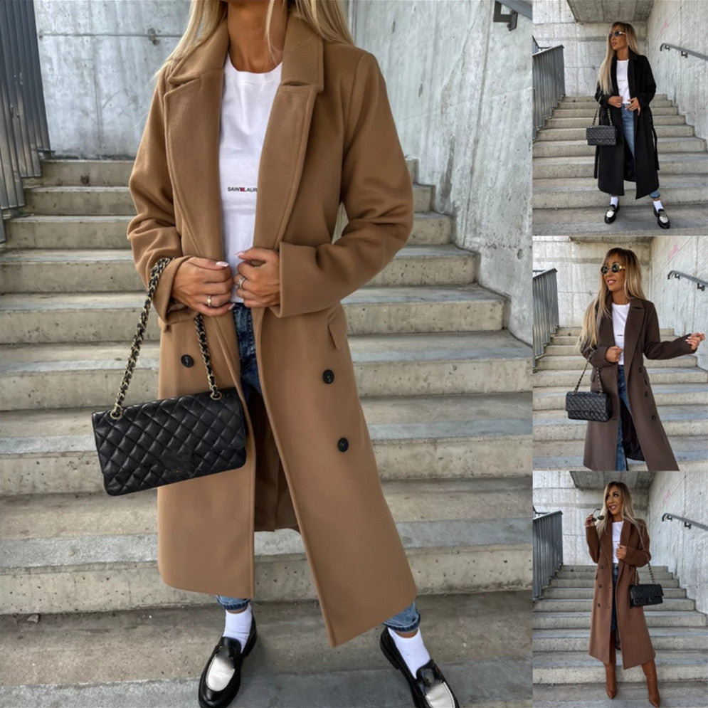 Double-breasted Lapel Split Jacket With Belt Winter Fashion Casual Long Sleeve Button Daily Coats For Women Clothing