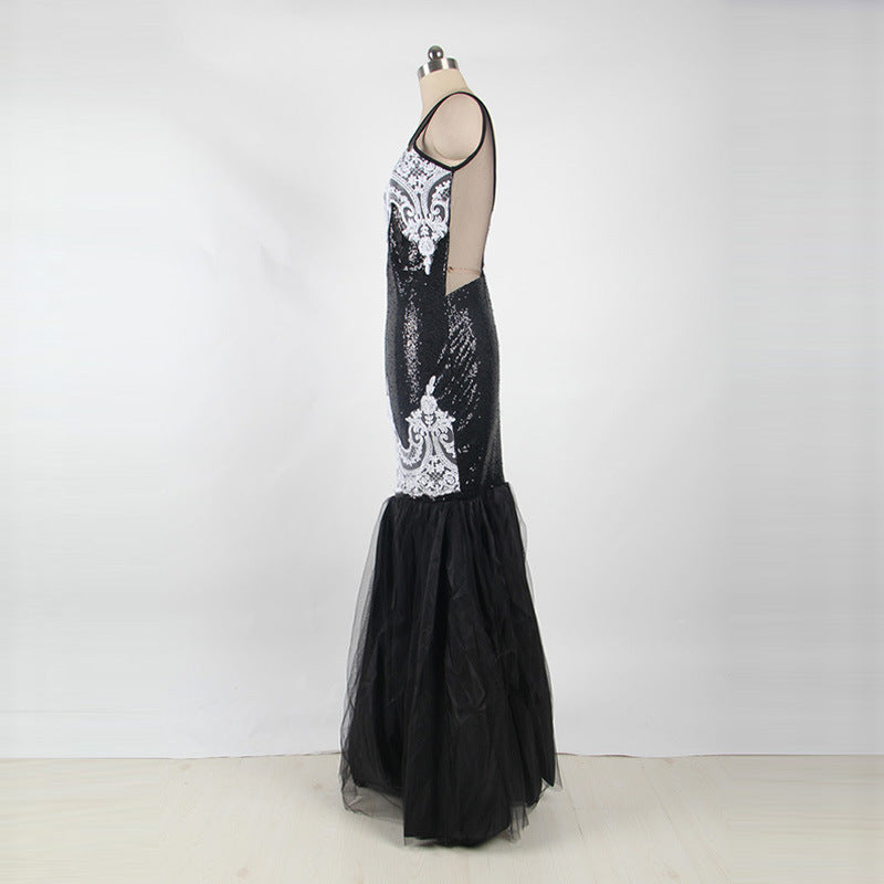 Europe and America long skirt sleeveless sequin mesh stitching banquet evening dress dew backpack hip fishtail mopping dress
