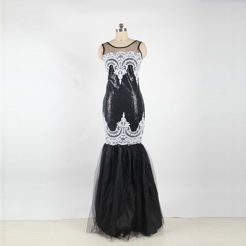 Europe and America long skirt sleeveless sequin mesh stitching banquet evening dress dew backpack hip fishtail mopping dress