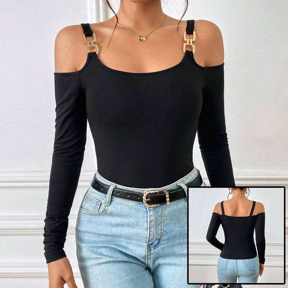 Women's Spring And Summer Fashion Simple Suspender Off-Shoulder Metal Hook Long-Sleeved Top