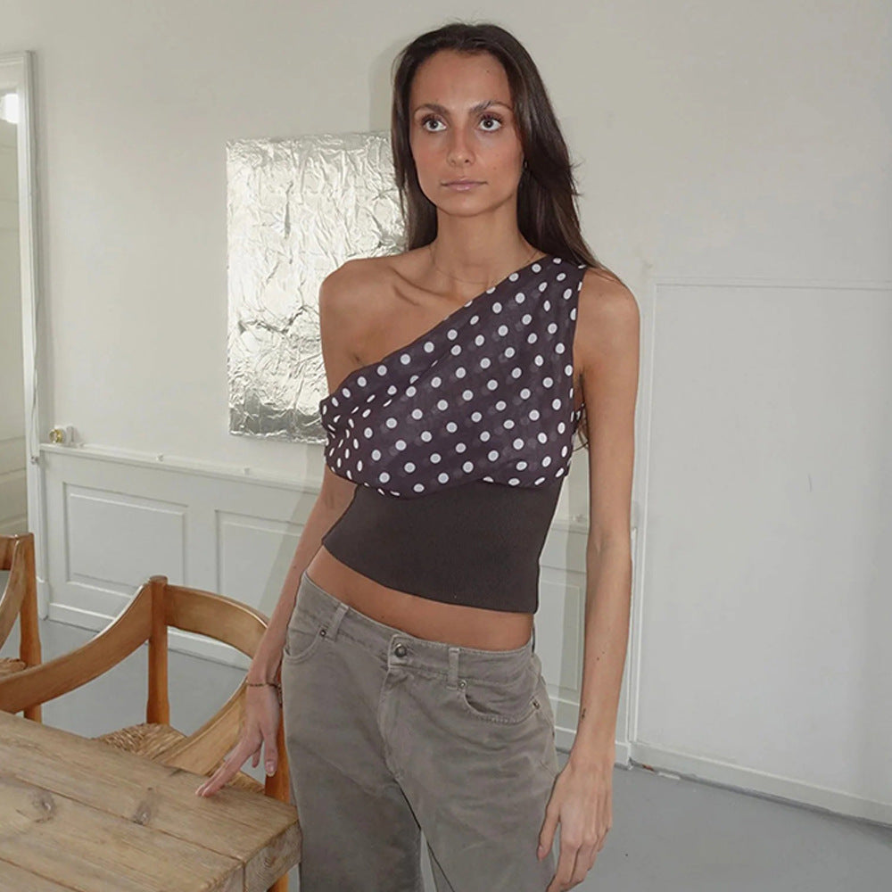 Polka Dots Print Oblique Shoulder Tops Summer Patchwork Chiffon Crop Top Women Sleeveless Lace Up Backless Blouse Casual Streetwear Tee