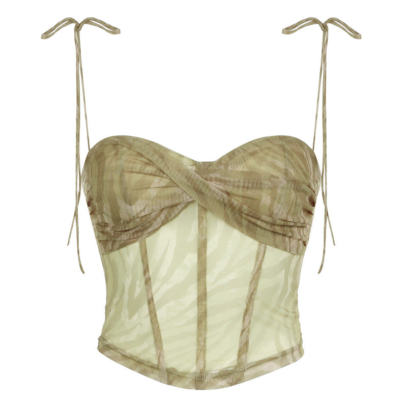 Style Corrugated Printed Double Layer Mesh Camisole Low Collar Irregular Cinched Tube Top Vest Top