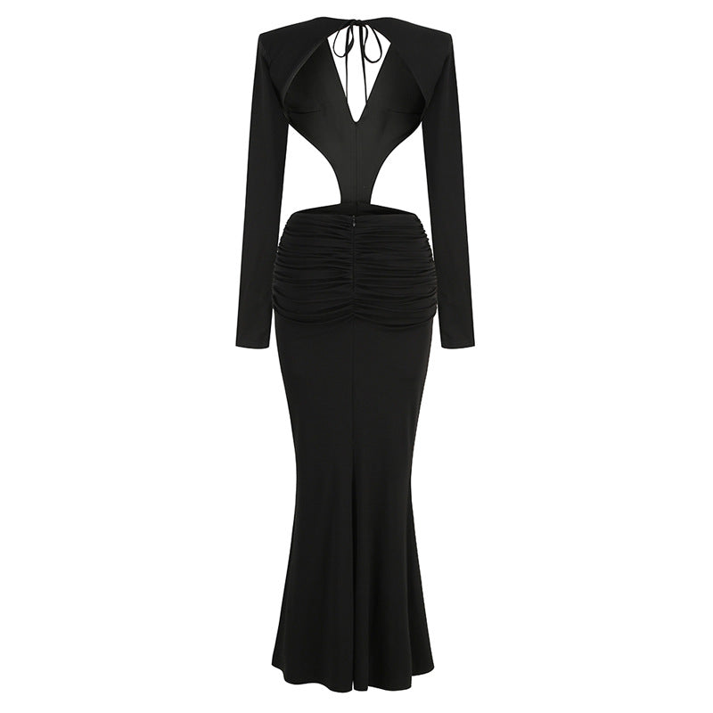 V-neck Backless Long Sleeves Skirt Waist Decorative Flower Split Fishtail Gown Dress Long