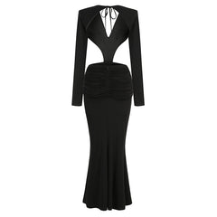 V-neck Backless Long Sleeves Skirt Waist Decorative Flower Split Fishtail Gown Dress Long