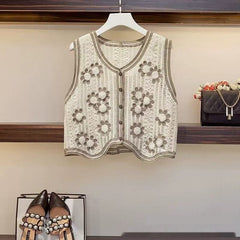 Women's Knitted Embroidered Sleeveless Hollow-Out Top Vest