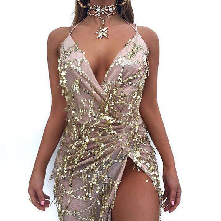 V-neck Halter Strap Sequin Dress